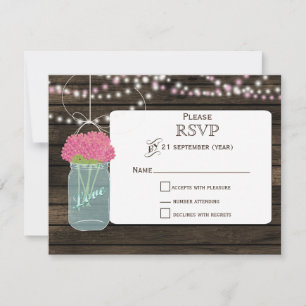 Barnwood pink flowers mason jars wedding RSVP