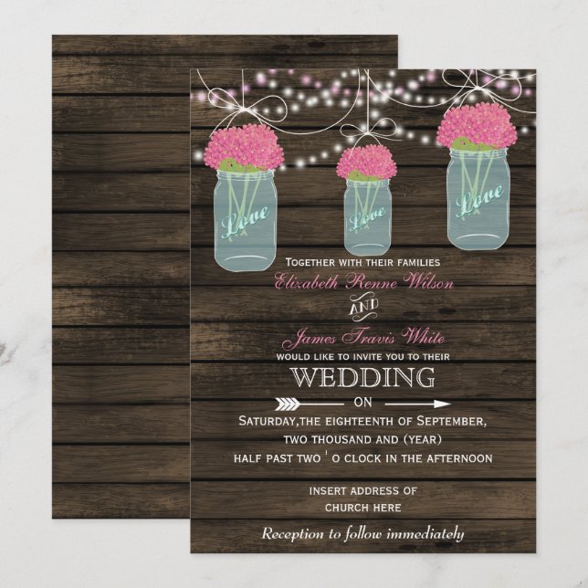 Barnwood, Rustic mason jar wedding invitations (Front/Back)