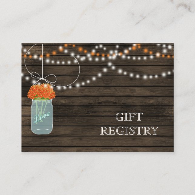 Barnwood Rustic orange mason jars gift registry Enclosure Card (Front)