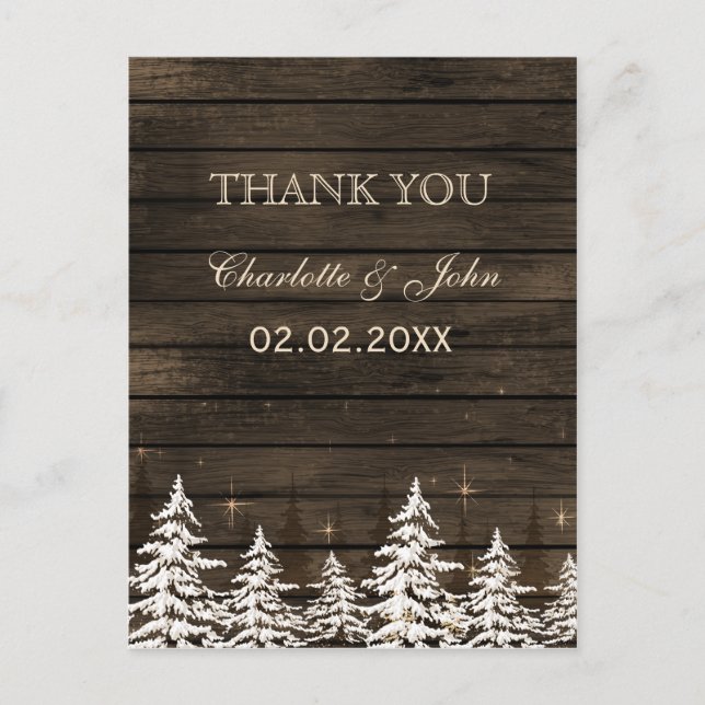 Barnwood Rustic Pine trees, winter Thank You notes Postcard (Front)