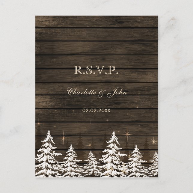 Barnwood Rustic Pine trees, winter woodland rsvp Invitation Postcard (Front)