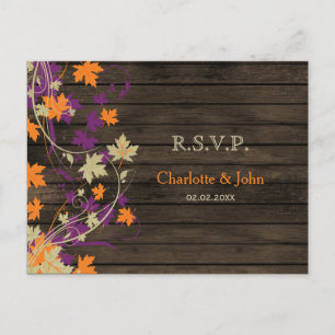 Barnwood Rustic plum fall leaves wedding RSVP Invitation Postcard
