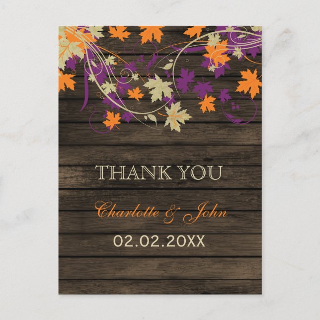 Barnwood Rustic plum fall wedding Thank You Postcard (Front)