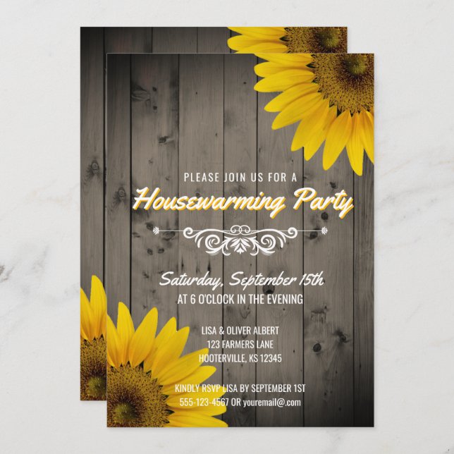 Barnwood Rustic Sunflowers Housewarming Party Invitation (Front/Back)