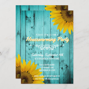 Barnwood Rustic Sunflowers Teal Housewarming Party Invitation