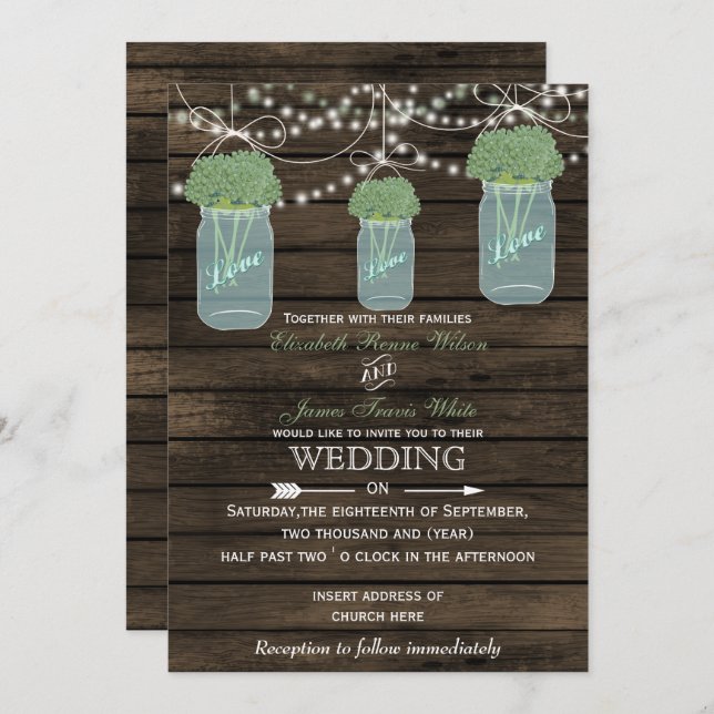 Barnwood, sage mason jar wedding invitations (Front/Back)