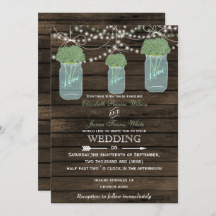 Barnwood, sage mason jar wedding invitations