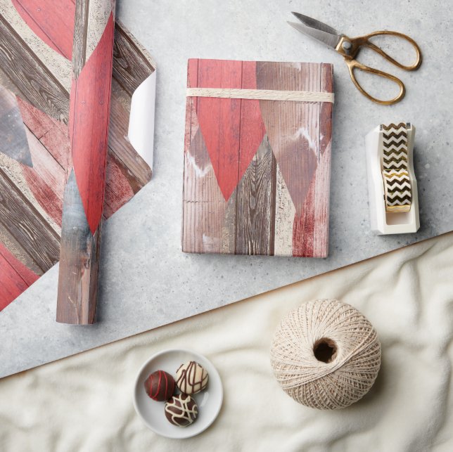 Barnwood Texture Red Leaf Pastel Pattern Wrapping Paper (Crafts)