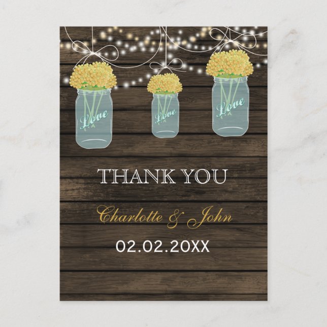 Barnwood yellow flowers mason jars Thank You notes Postcard (Front)