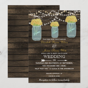 Barnwood, yellow mason jar wedding invitations