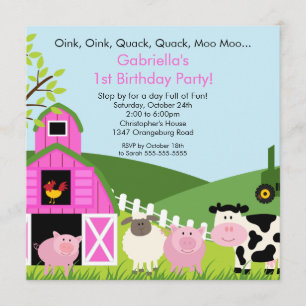 Barnyard Animal Fun Birthday Party Pink Girls Invitation