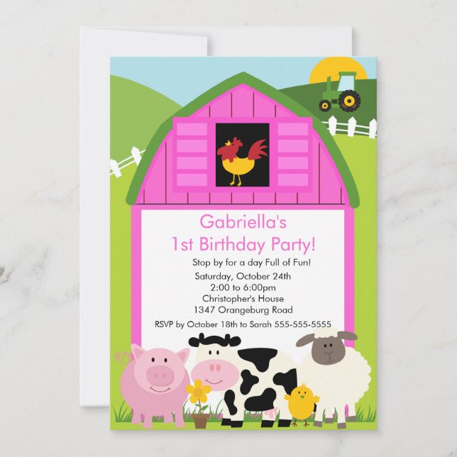 Barnyard Animal Fun Birthday Party Pink Girls Invitation (Front)