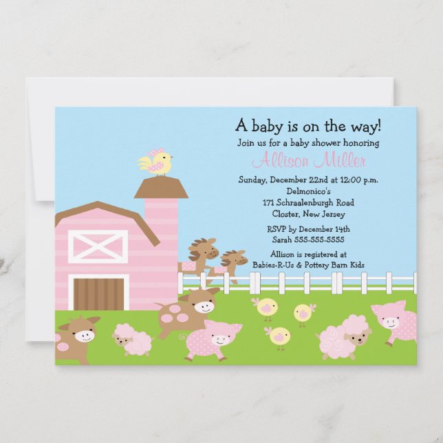 Barnyard Animals Baby Girl Shower Invitation (Devant)