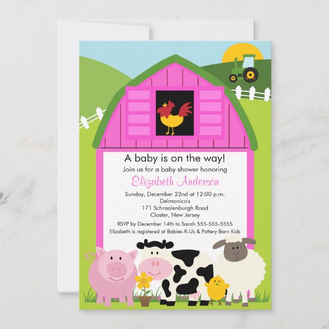Barnyard Animals Baby Shower Invitation Pink Girls (Front)