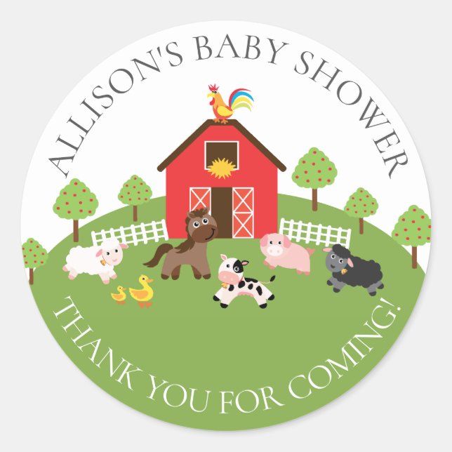 Barnyard Animals  Baby Shower Thank You Sticker (Front)
