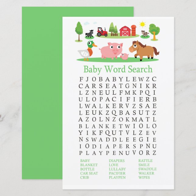 Barnyard Baby Shower Word Search Game (Front/Back)