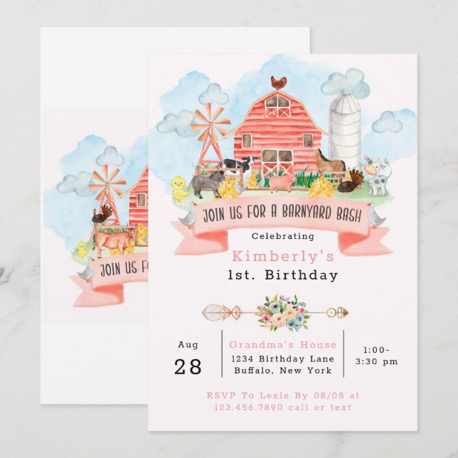 Barnyard Bash Farm Animals 1st. Birthday Party Invitation (Front/Back)