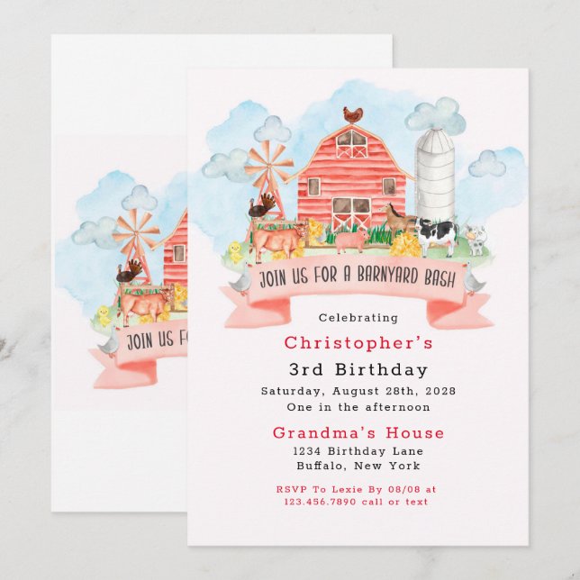 Barnyard Bash Farm Animals 3rd Birthday Party Invitation (Front/Back)