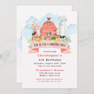 Barnyard Bash Farm Animals 3rd Birthday Party Invitation