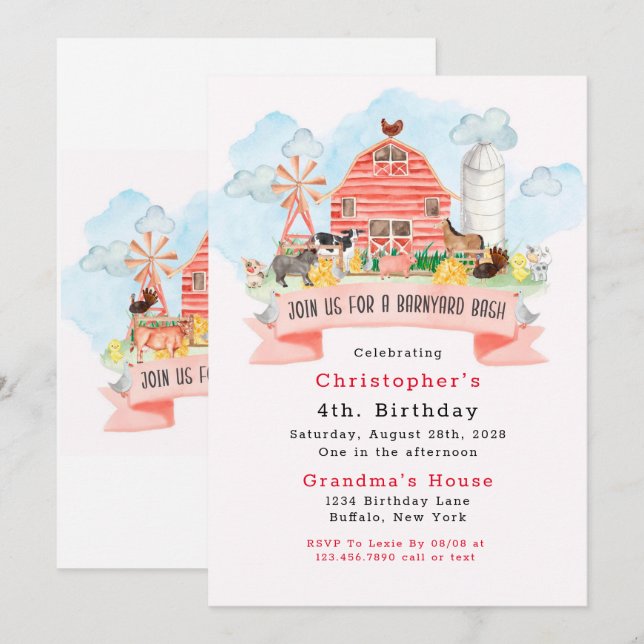 Barnyard Bash Farm Animals 4th Birthday Party  Invitation (Front/Back)