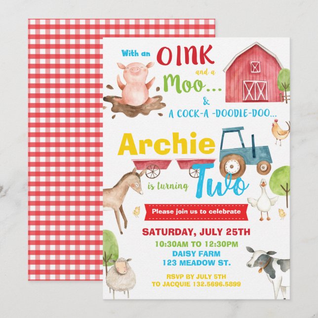 Barnyard Birthday Party Farm Animals Turning Two Invitation (Front/Back)