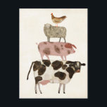 Barnyard Buds - Cow, Pig, Sheep, and Hen Postcard<br><div class="desc">Barnyard Buds IV by Victoria Borges. Features a fun image of a cow,  pig,  sheep,  and hen stacked on top of each other.</div>