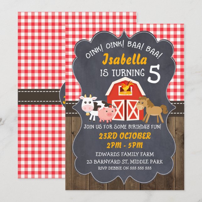 Barnyard Chalkboard Photo Birthday Invitation (Front/Back)