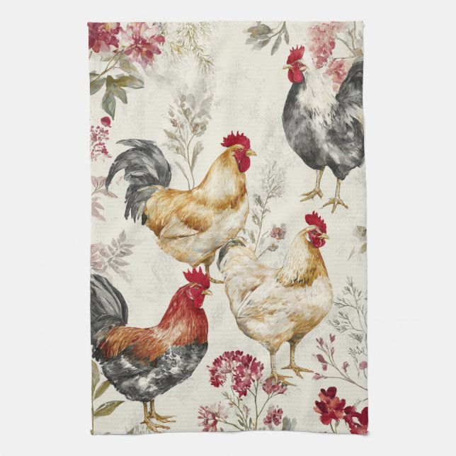 Barnyard Chickens and Botanical Pattern Design Kitchen Towel (Vertical)