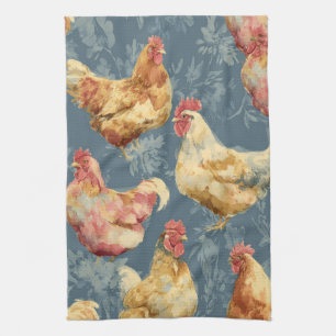 Barnyard Chickens and Botanical Pattern Design Kitchen Towel