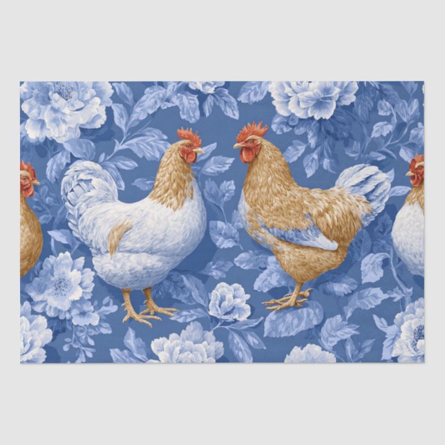 Barnyard Chickens and Botanical Pattern  Tissue Paper (Front)