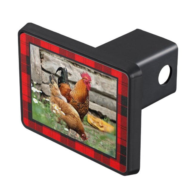 Barnyard Chickens with Buffalo Plaid Border  Trailer Hitch Cover (Top Right)