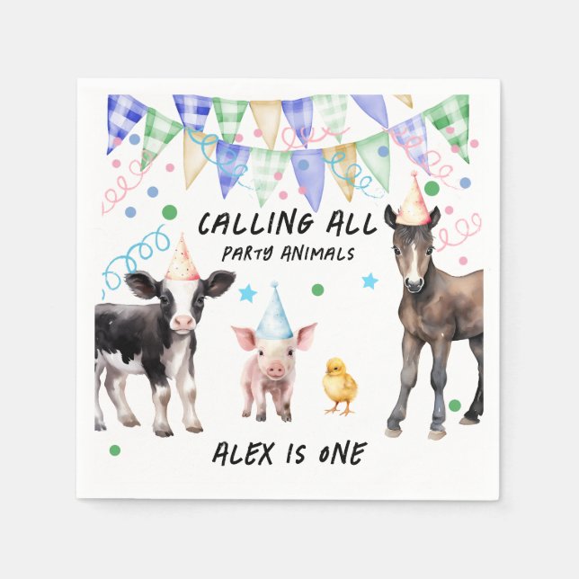 Barnyard Farm Animals 1st Birthday  Napkin (Front)