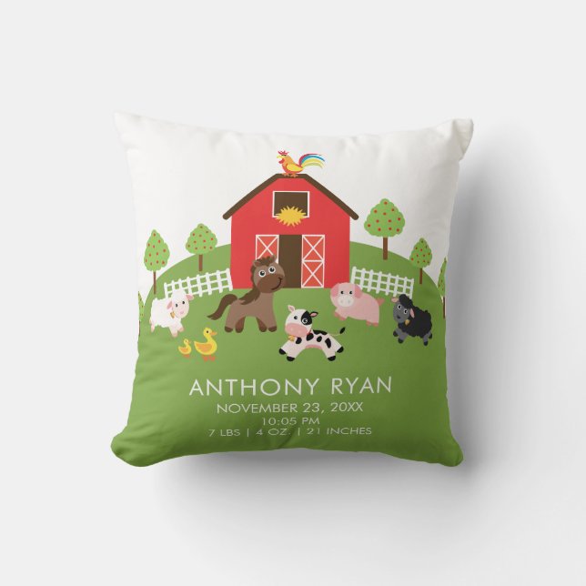 Barnyard Farm Animals Baby Birth Stats Pillow (Front)