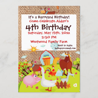 Barnyard Farm Animals Burlap Birthday Invitation
