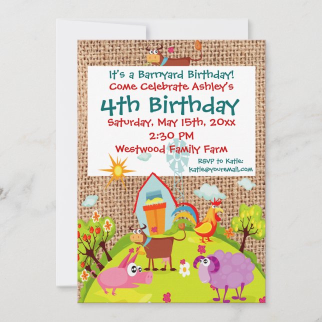 Barnyard Farm Animals Burlap Birthday Invitations (Front)