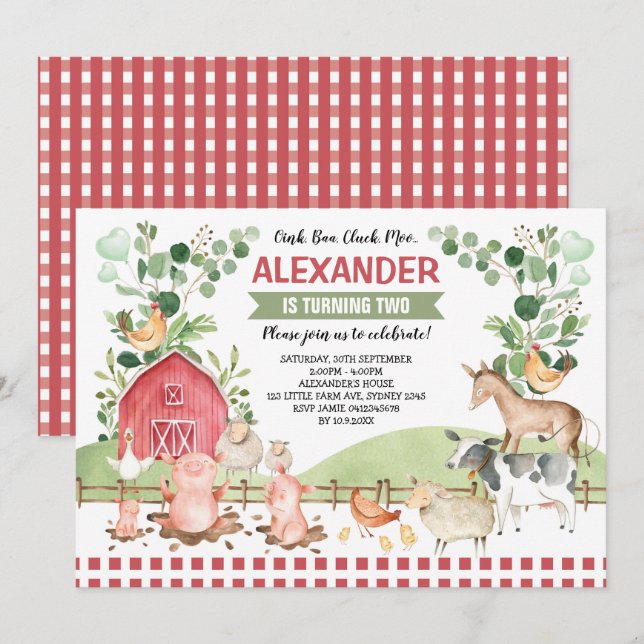 Barnyard Farm Animals Greenery Birthday Party Invitation (Front/Back)