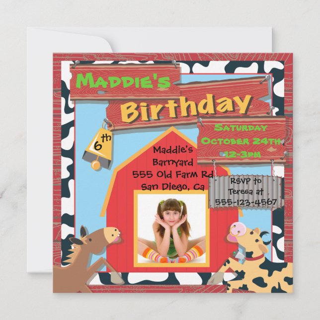 Barnyard Farm Animals Photo Insert Birthday Party Invitation (Front)