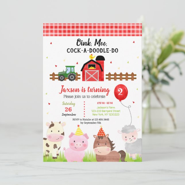Barnyard Farm Animaux 2e anniversaire Invitations (Debout devant)