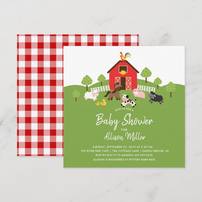 Barnyard Farm Animaux Baby shower Invitation (Devant / Derrière)