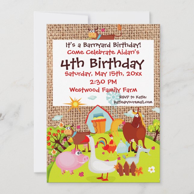 Barnyard Farm Animaux Burlap Invitation d'annivers (Devant)