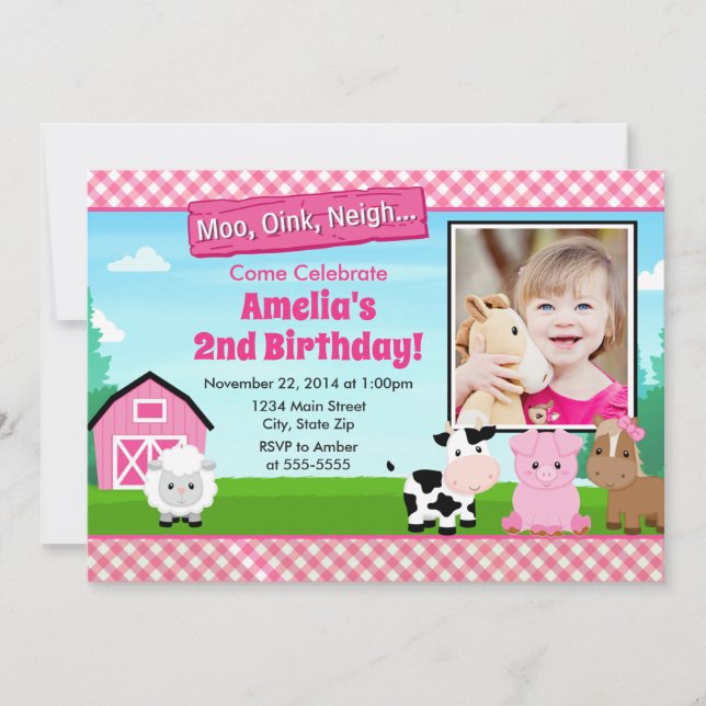 Barnyard Farm Birthday Girl Invitation Pink (Front)