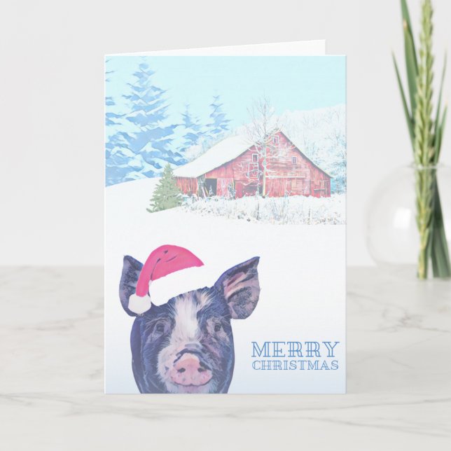 Barnyard Farm Pig Christmas Card Merry Christmas (Front)