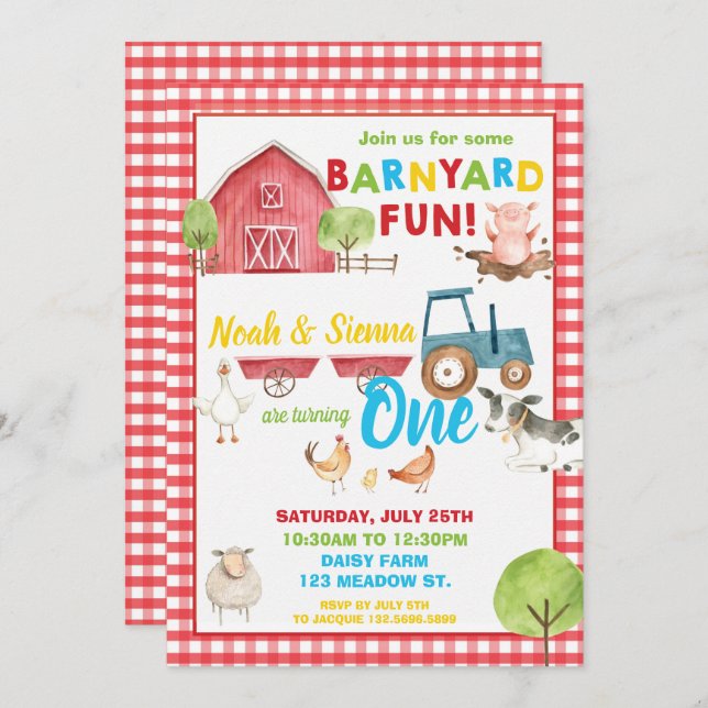 Barnyard Fun 1st Birthday Party Farm Animals Twins Invitation (Front/Back)
