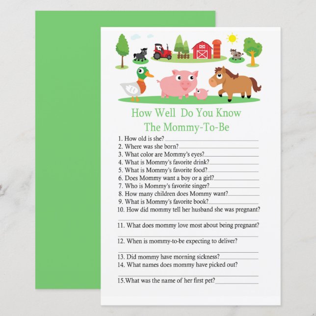 Barnyard How well do you know baby shower game (Front/Back)