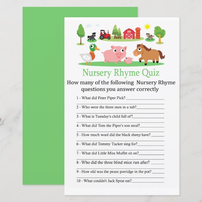 Barnyard Nursery Rhyme Quiz baby shower game (Front/Back)