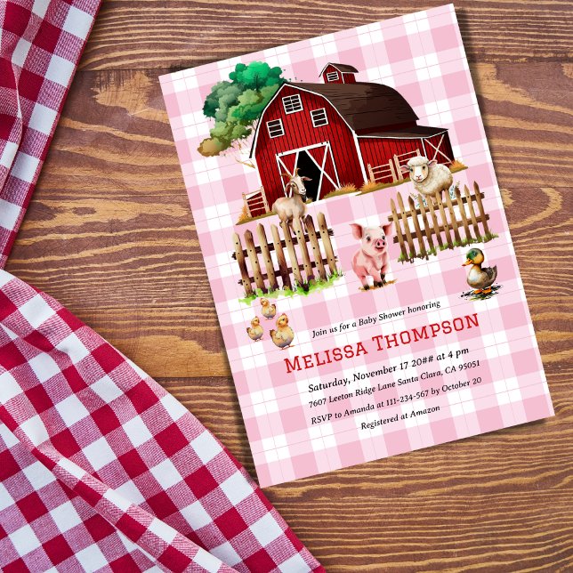 Barnyard Pink Plaid Farm Animals Baby Shower Girl Invitation (Creator Uploaded)