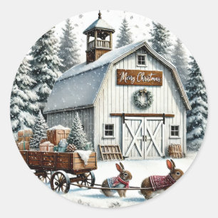 Barnyard, Rabbits pulling cart with Gifts, Winter Classic Round Sticker