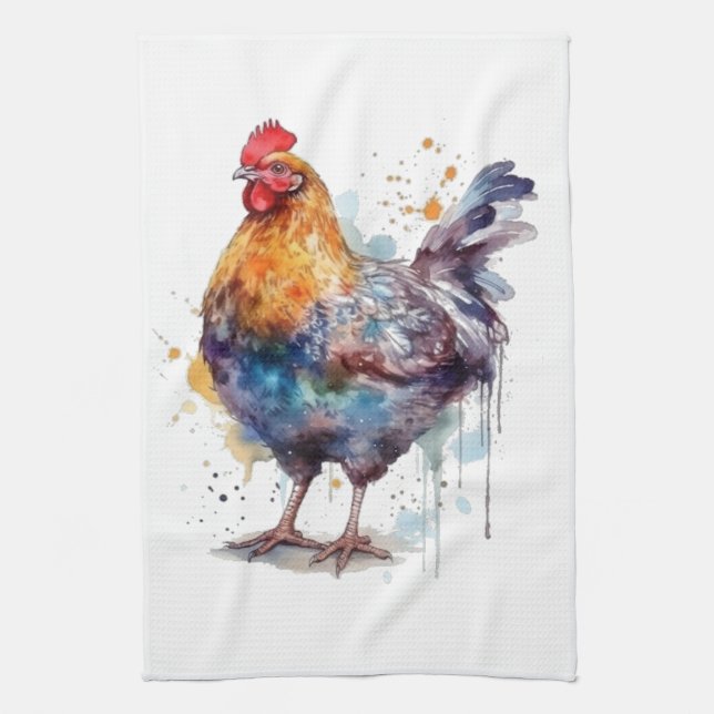 Barnyard Splendour: Watercolor Hen Kitchen Towel (Vertical)