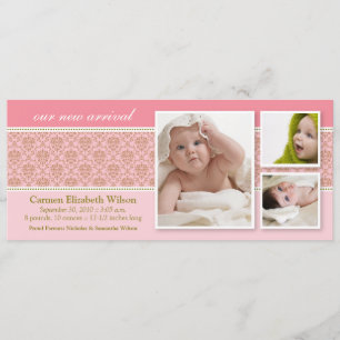 Baroque 3-Photo Birth Announcement (pink)