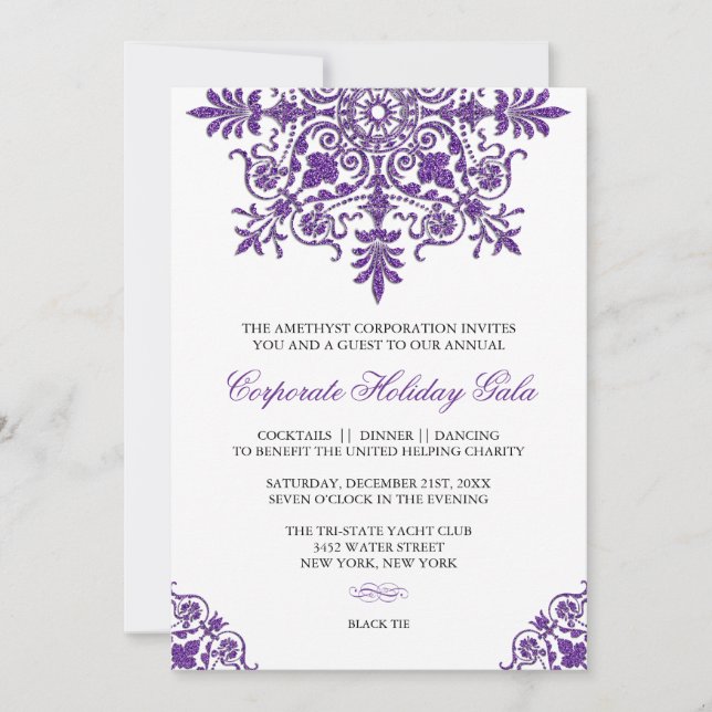 Baroque Amethyst Glitter Look Holiday Party Invitation (Front)
